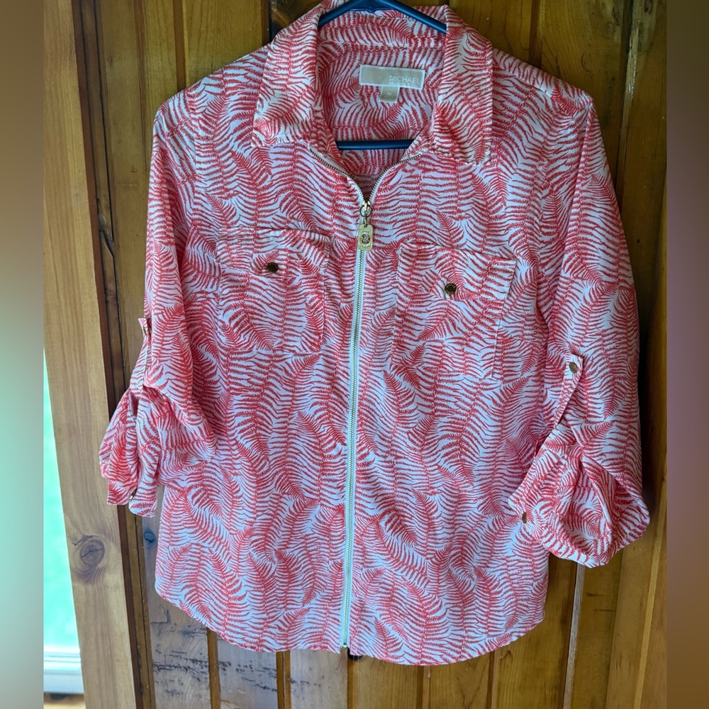 Michael Kors fern leaf full zip roll tab sleeve‎ top size medium